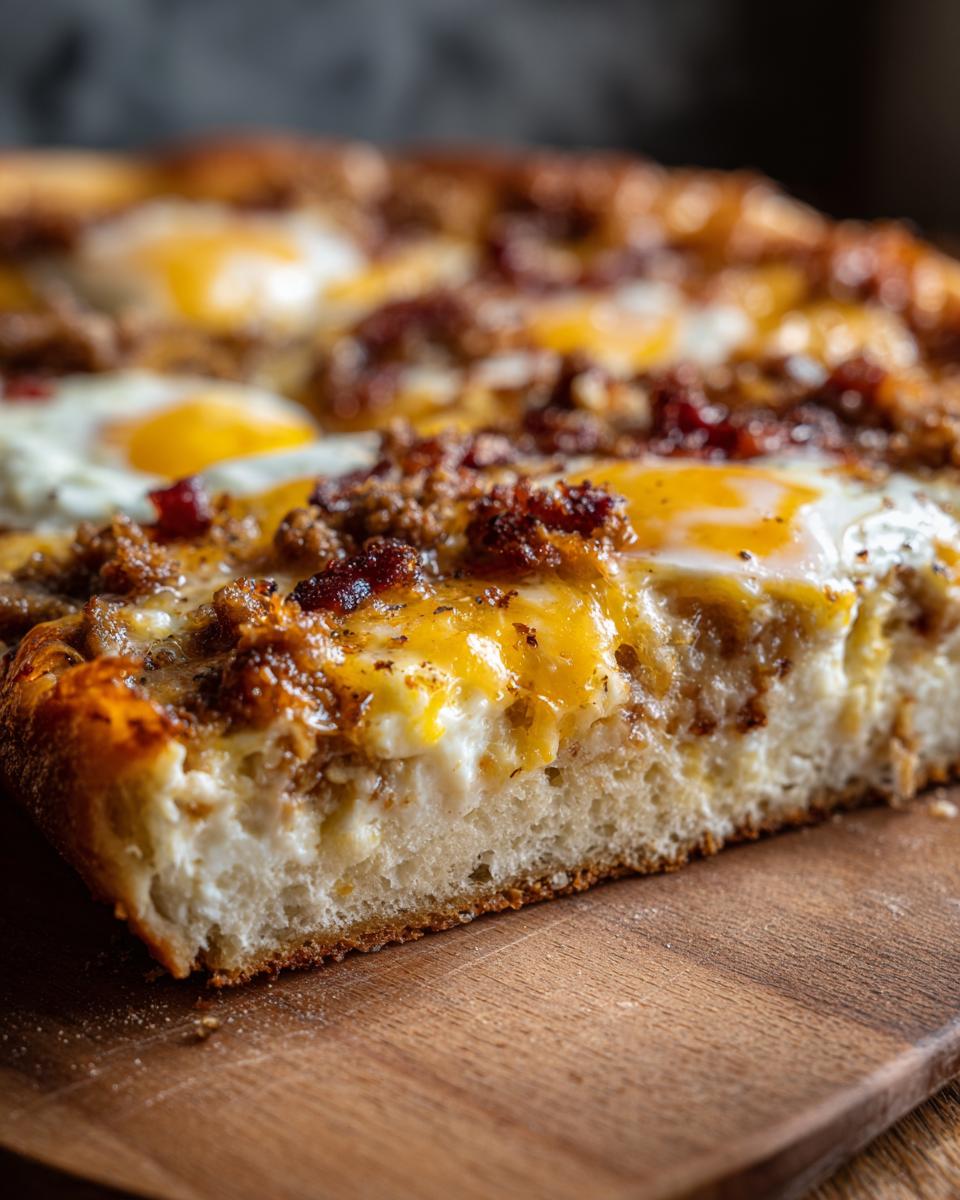 Close-up of a thick slice of sausage gravy breakfast pizza showing the crust, creamy gravy, and baked eggs.