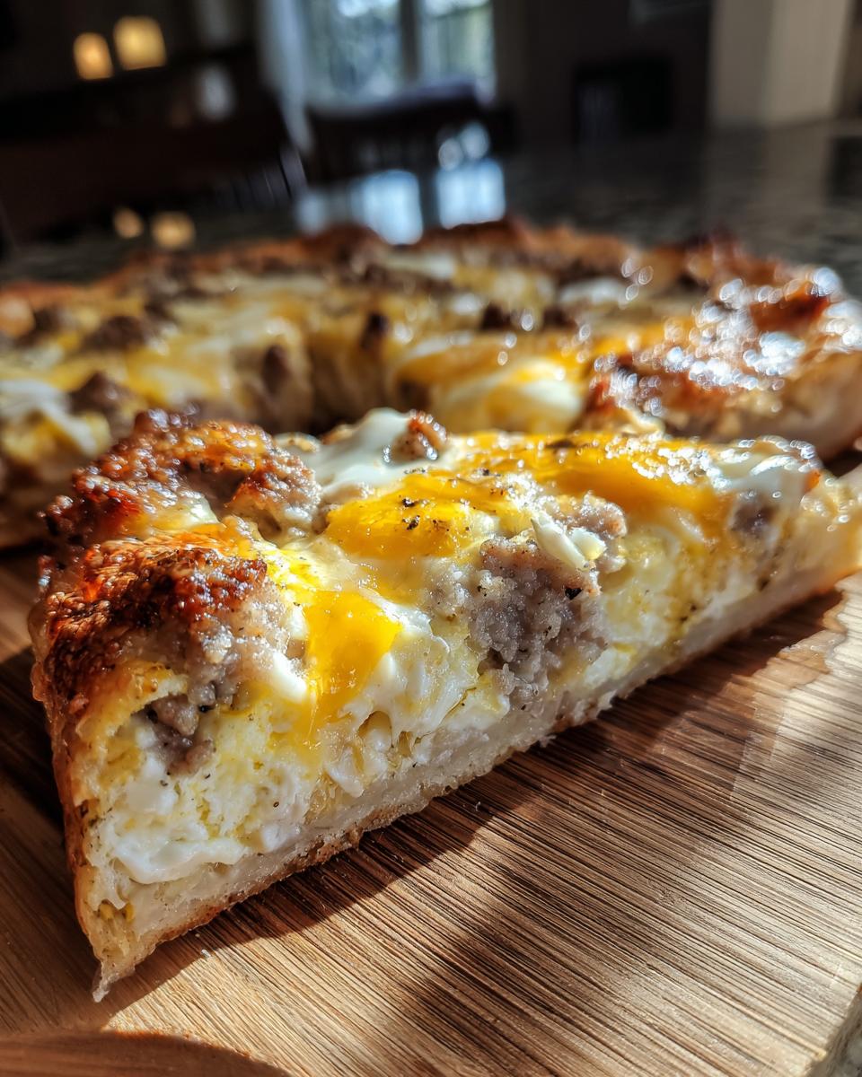 A close-up slice of sausage gravy breakfast pizza showing crust, eggs, sausage, and cheese, resting on a wooden board.