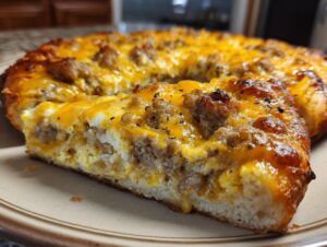 A close-up of a thick slice of sausage gravy breakfast pizza showing eggs, sausage, and melted cheddar cheese.