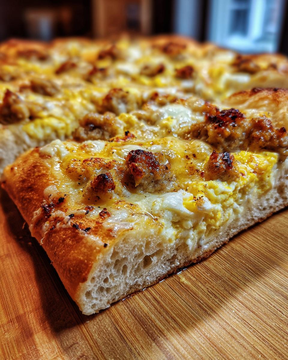 Close-up of a thick slice of sausage gravy breakfast pizza showing fluffy crust, eggs, cheese, and sausage crumbles.