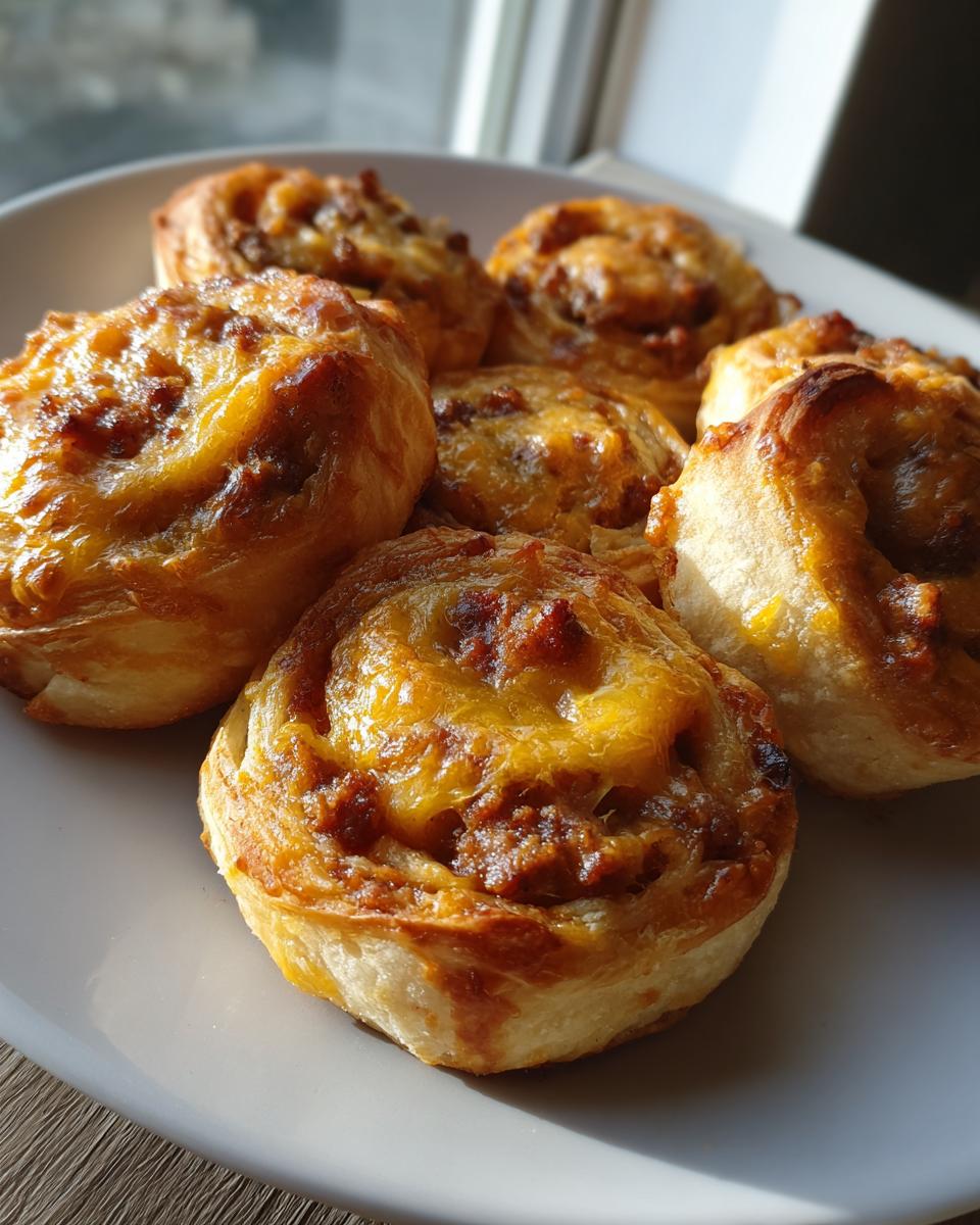 A close-up of several golden brown, baked sausage pinwheels topped with melted cheese.
