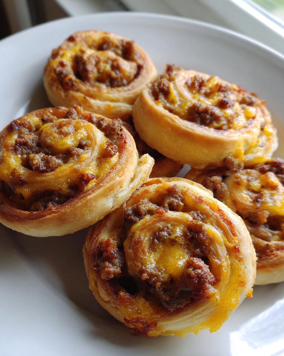 Five golden brown, baked sausage pinwheels filled with seasoned meat and melted cheese, served on a white plate.