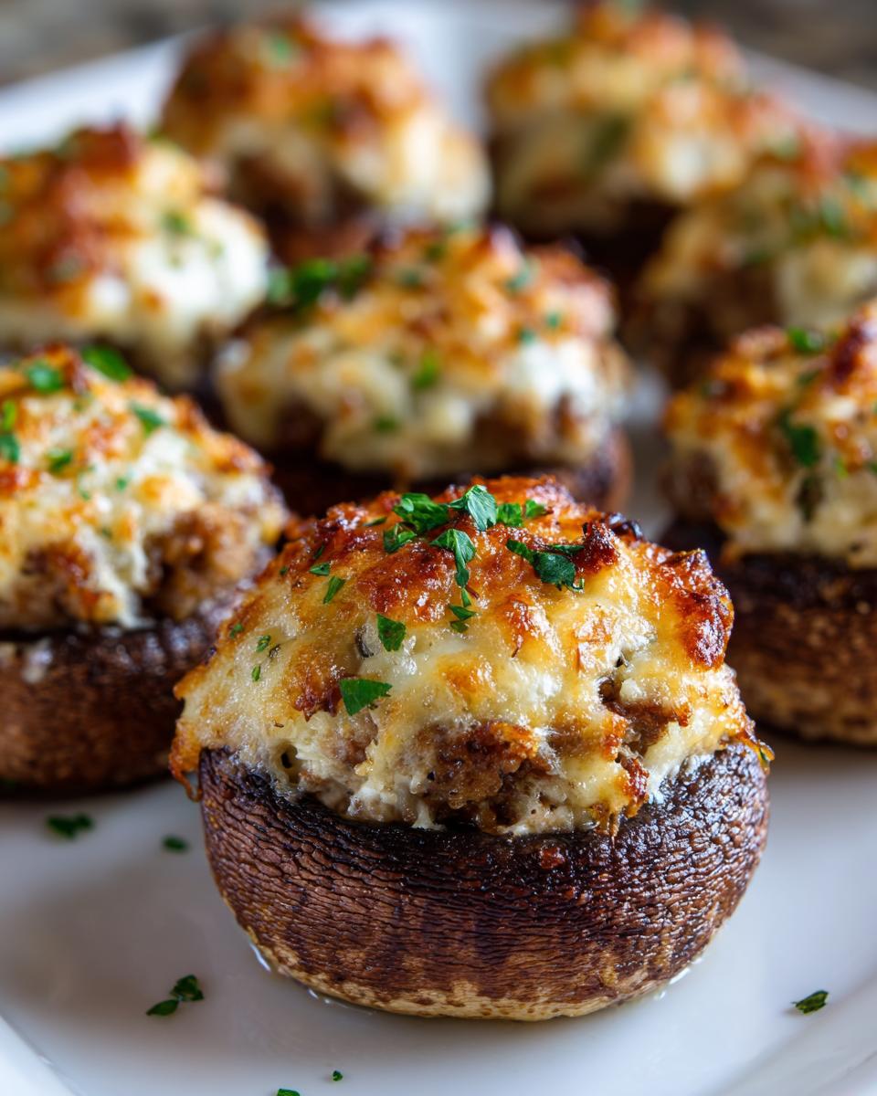 Close-up of perfectly baked sausage stuffed mushrooms with a golden, cheesy topping and fresh parsley garnish.