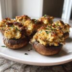 Close-up of baked sausage stuffed mushrooms topped with golden, cheesy filling and fresh parsley.