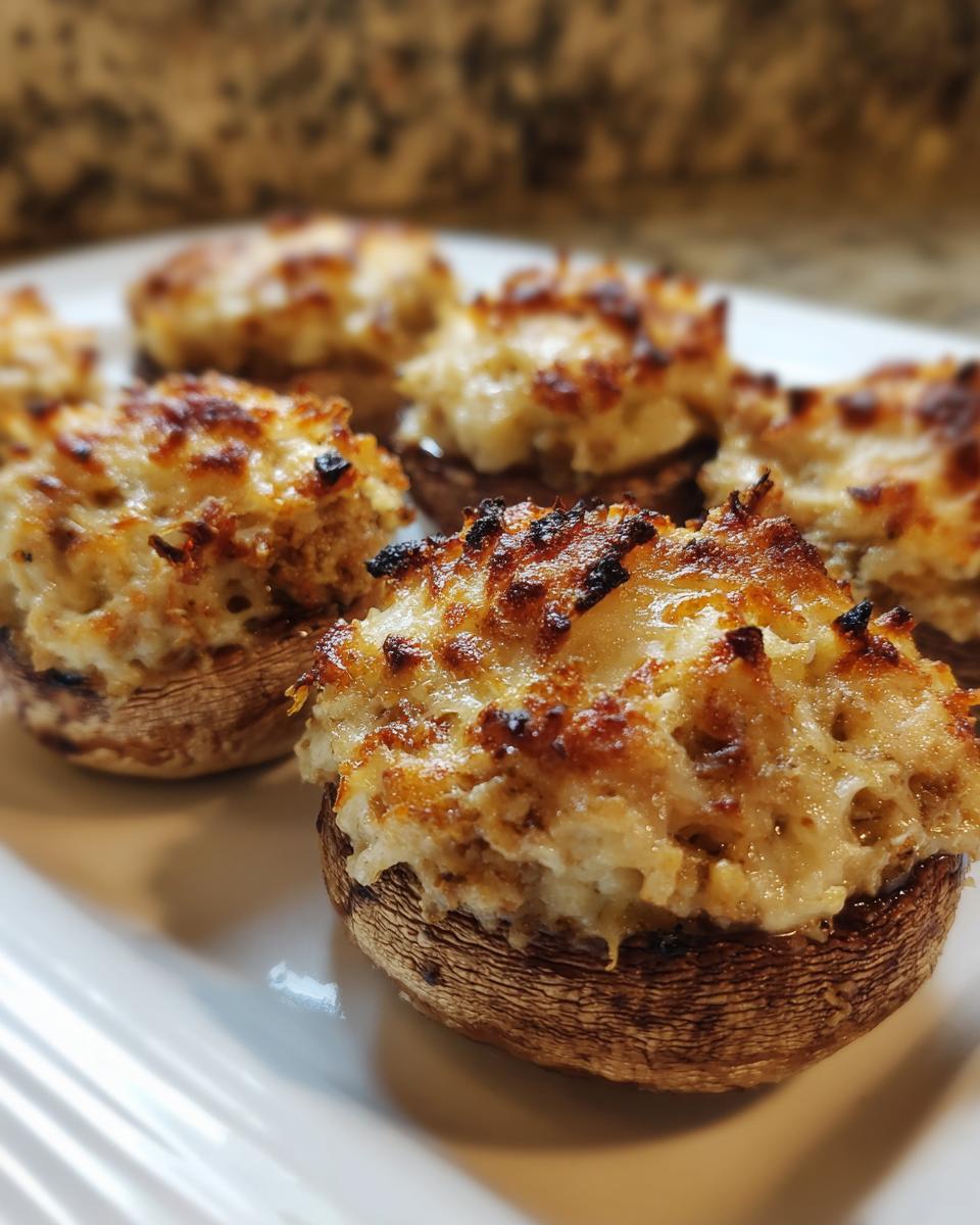 Close-up of several golden-brown, baked sausage stuffed mushrooms served on a white platter.