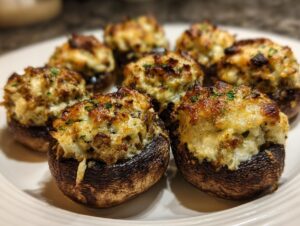 Close-up of several golden-brown sausage stuffed mushrooms arranged on a white plate, topped with melted cheese.