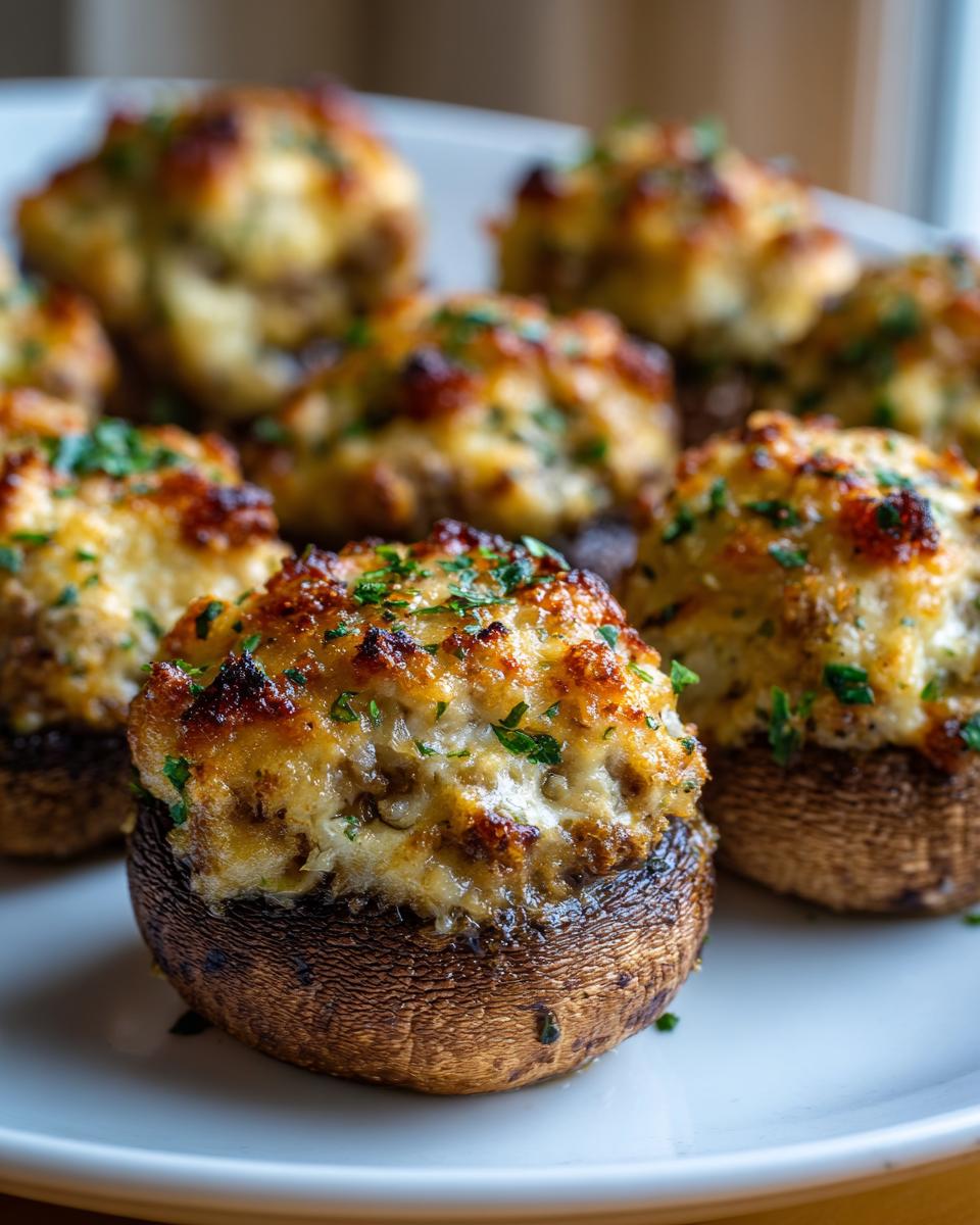 Close-up of perfectly baked sausage stuffed mushrooms with a golden, cheesy topping and fresh parsley garnish.