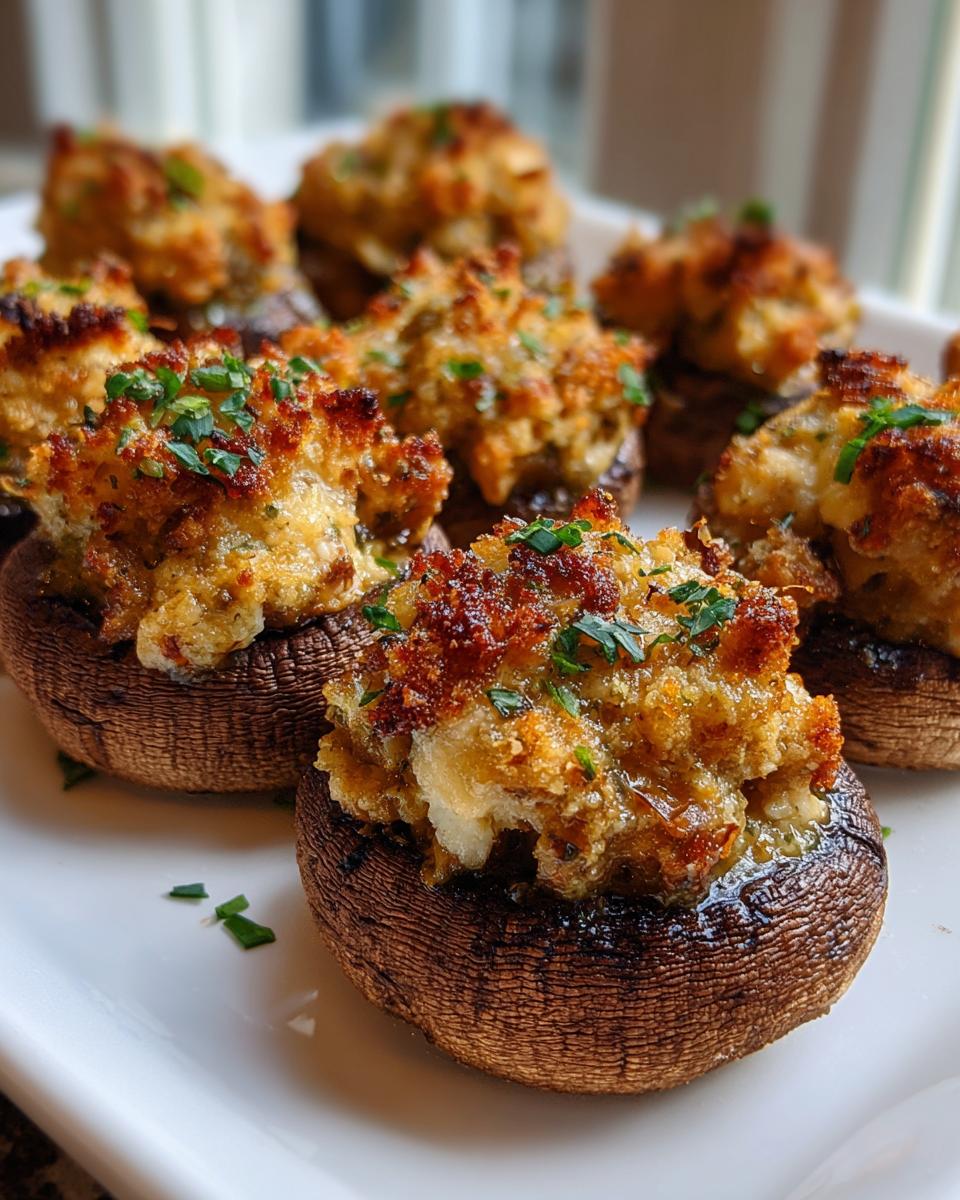 Close-up of perfectly baked sausage stuffed mushrooms with a crispy, golden topping and fresh parsley garnish.