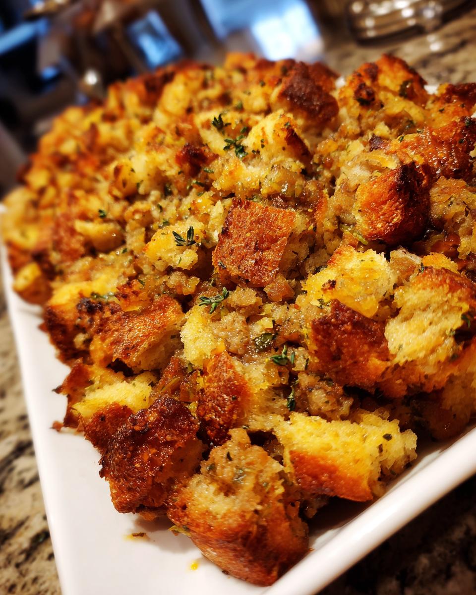 A close-up view of a baked sausage stuffing recipe featuring golden brown, crispy bread cubes and herbs.