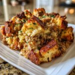 Close-up of a serving of delicious sausage stuffing recipe with crispy bread cubes and savory ground meat.