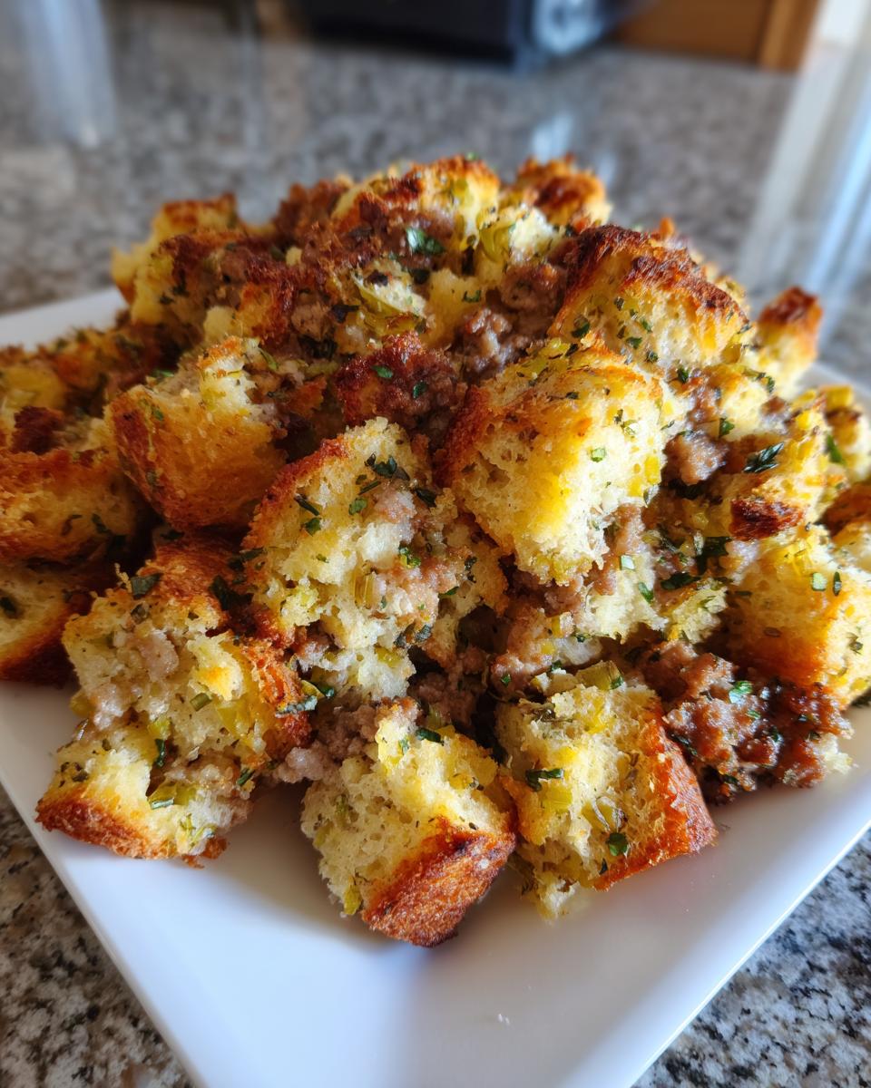 A close-up view of fluffy, golden-brown bread cubes mixed with crumbled sausage and herbs, representing the amazing sausage stuffing recipe.