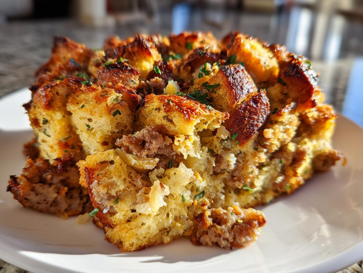 A close-up of a golden brown portion of sausage stuffing recipe served on a white plate, garnished with parsley.