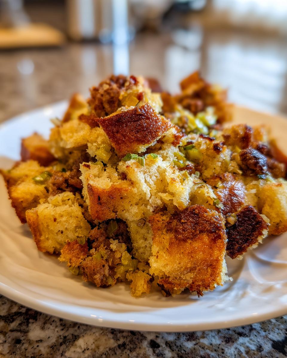 Close-up of a serving of moist and crusty sausage stuffing recipe on a white plate.
