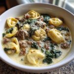 Close-up of creamy sausage tortellini soup featuring tortellini, crumbled sausage, spinach, and grated Parmesan cheese.