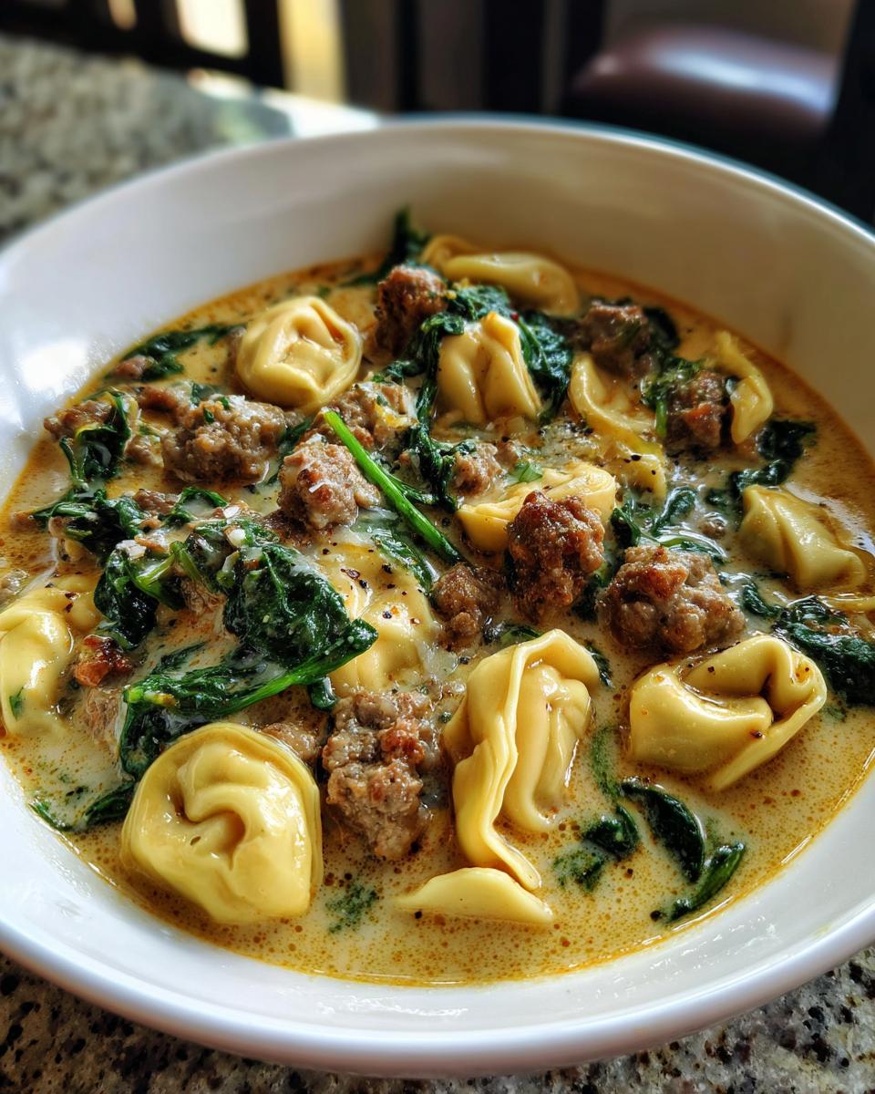A close-up bowl of creamy sausage tortellini soup featuring cheese tortellini, crumbled sausage, and wilted spinach.