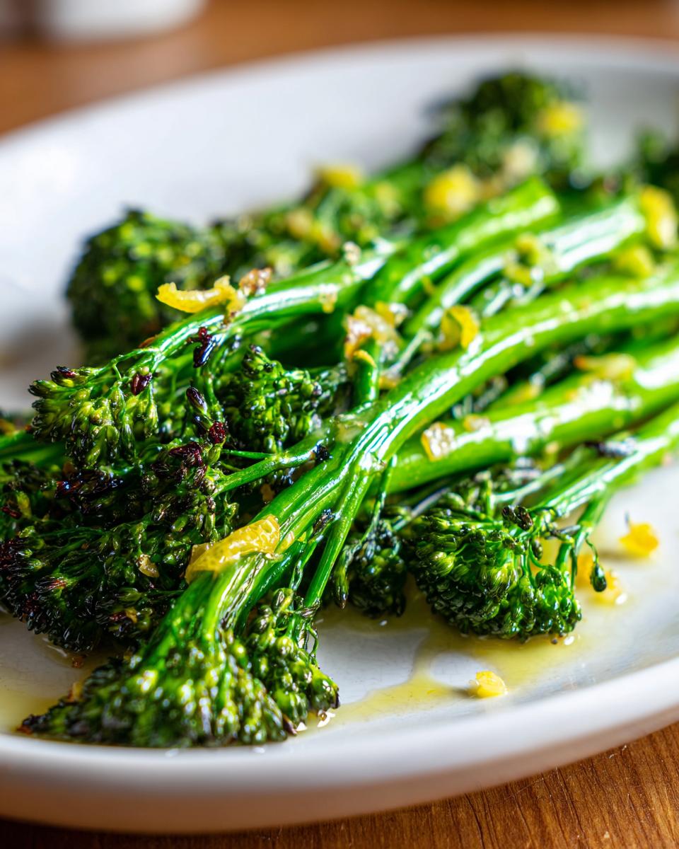 Close-up of bright green, sautéed broccolini tossed with lemon zest and oil on a white plate.