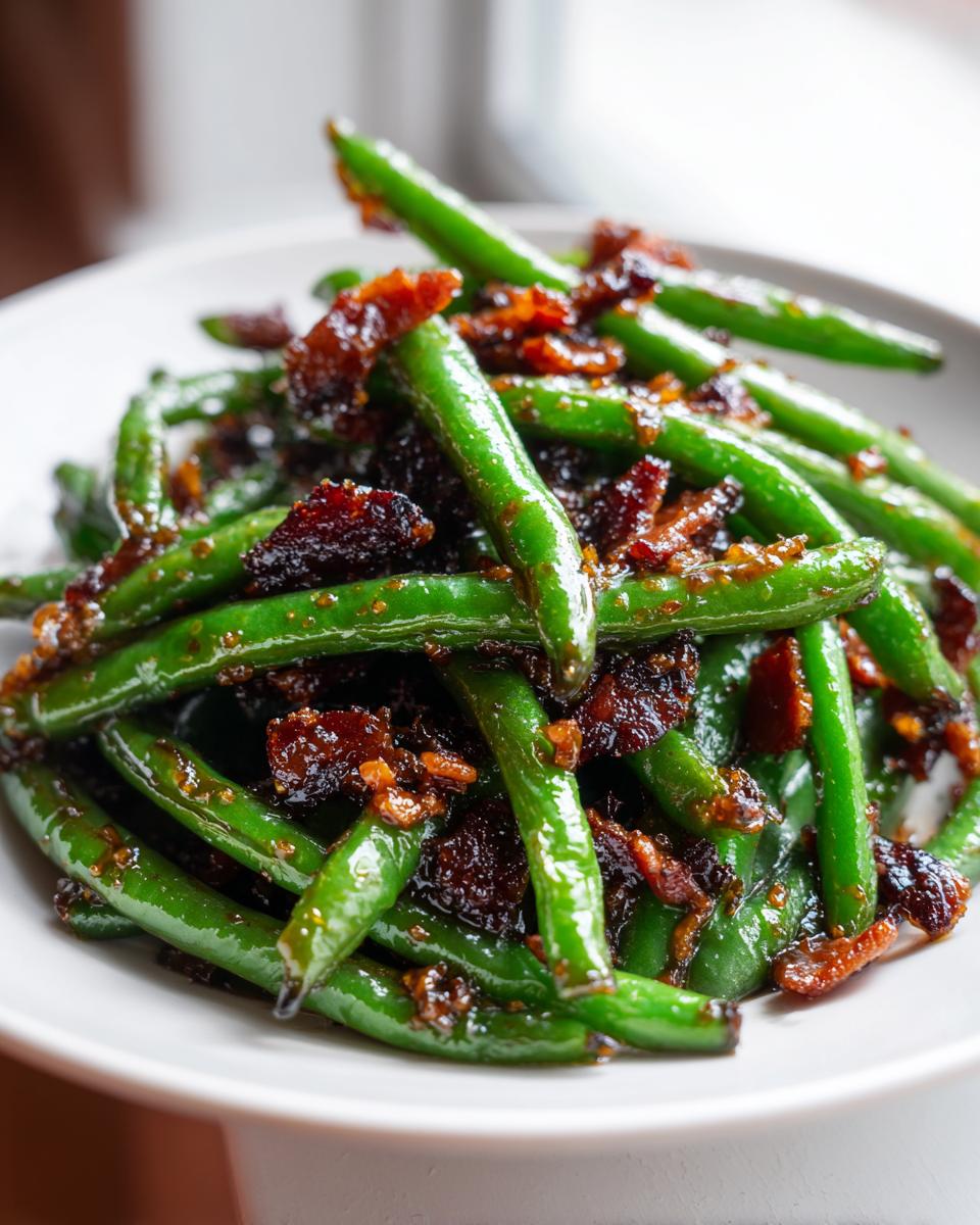 Close-up of vibrant green beans tossed with caramelized, crispy bacon pieces on a white plate.