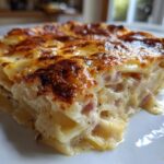 Close-up of a rich slice of scalloped potatoes and ham, showing layers of creamy sauce and a browned, cheesy crust.