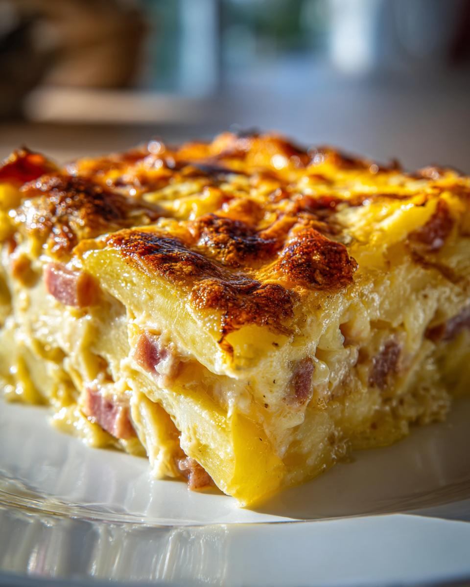 Close-up of a rich slice of scalloped potatoes and ham with a golden-brown, cheesy crust.