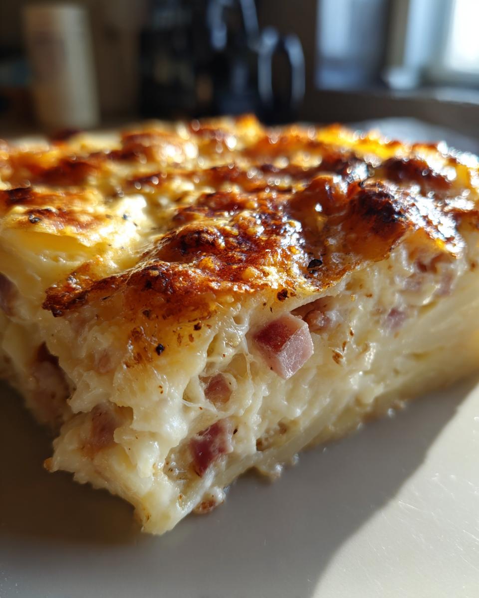 A close-up, macro shot of a rich slice of scalloped potatoes and ham with a bubbly, browned cheese topping.