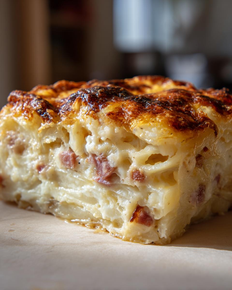 Close-up of a rich slice of scalloped potatoes and ham baked in a creamy sauce with a golden-brown, cheesy top.