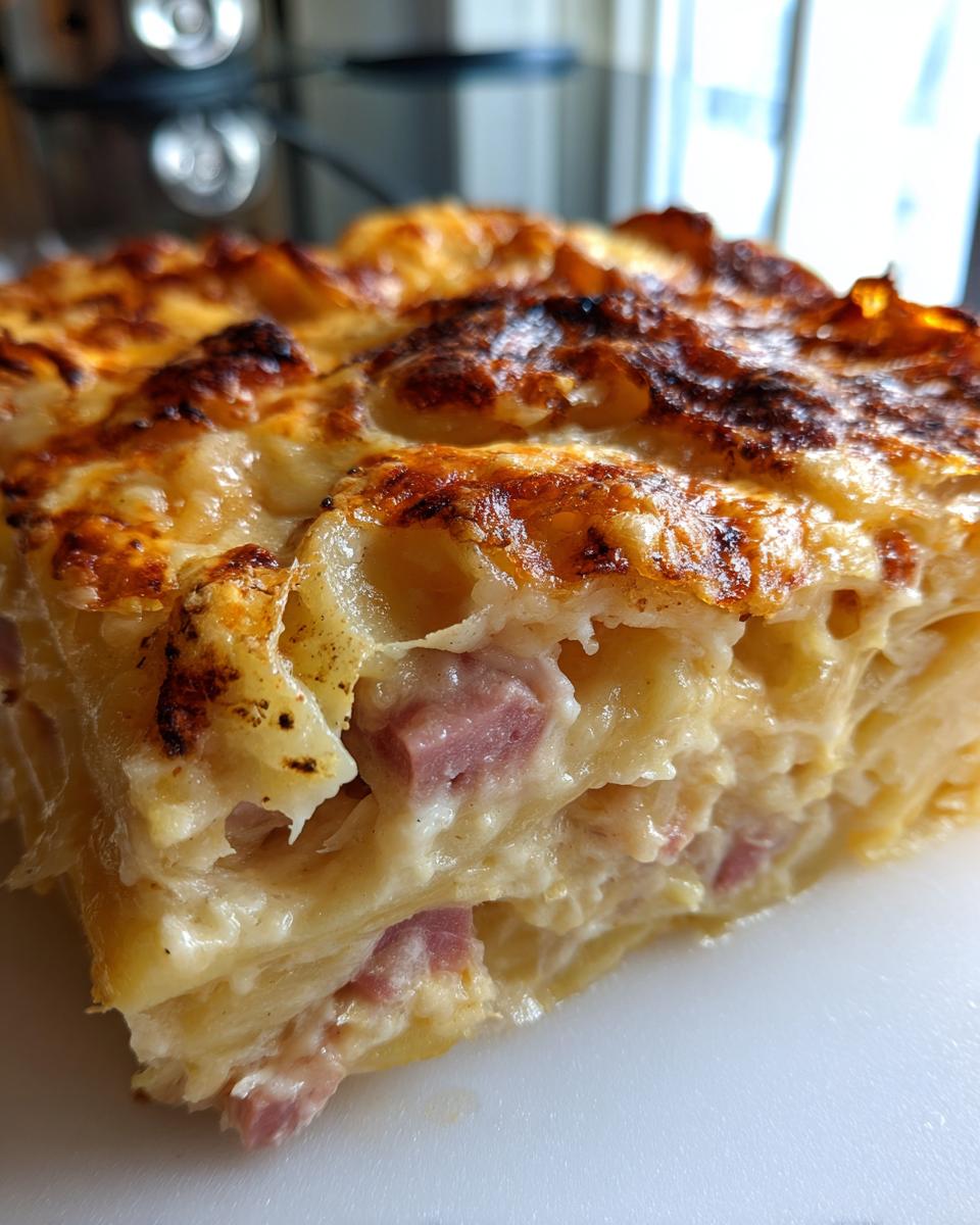 A close-up cross-section of creamy scalloped potatoes and ham with a deeply browned, cheesy top crust.