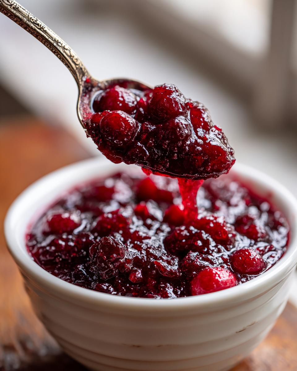 A spoonful of vibrant, chunky cranberry sauce being lifted from a white bowl.