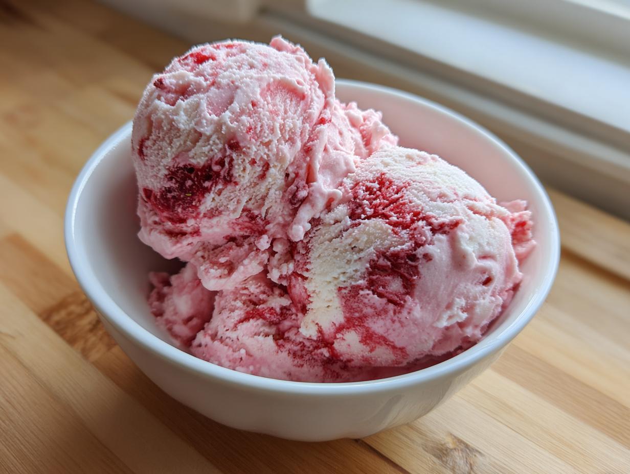 Two generous scoops of creamy, pink and white strawberry ice cream swirled with deep red fruit puree in a white bowl.