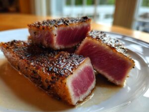Three thick slices of perfectly seared tuna steak showing a vibrant pink center and a dark, seasoned crust.