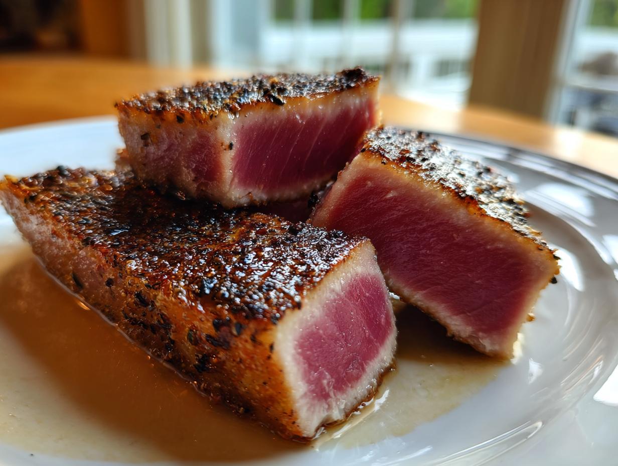 Three thick slices of perfectly seared tuna steak showing a vibrant pink center and a dark, seasoned crust.