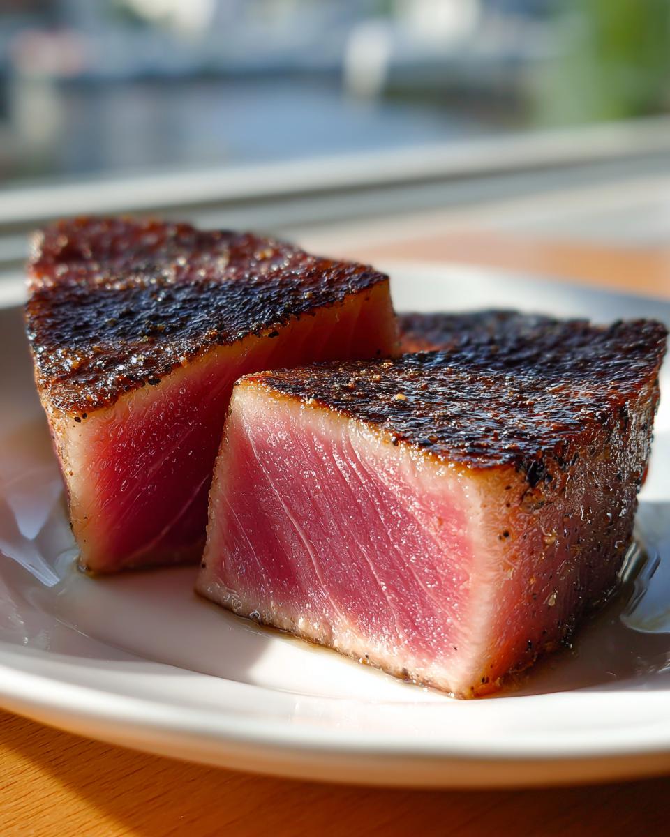 Two thick, perfectly seared tuna steak portions showing a dark crust and bright pink, rare interior.