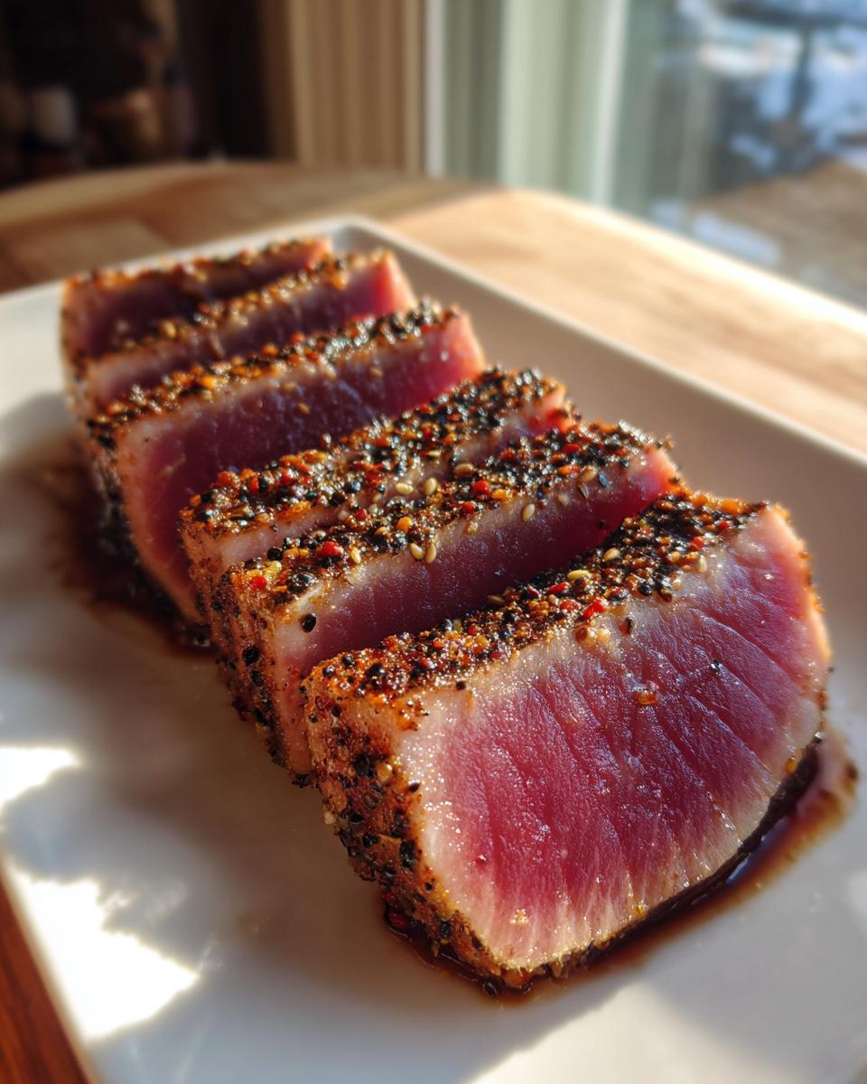 Four thick slices of seared tuna steak, crusted with colorful spices, resting on a white plate.