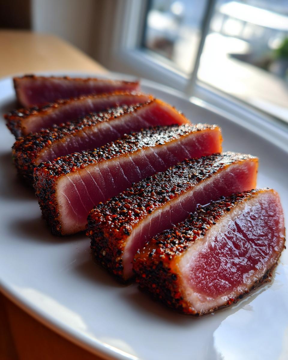 Five thick slices of seared tuna steak, crusted with pepper and spices, showing a rare, bright red center.