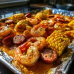 Close-up of cooked shrimp, sausage slices, and corn on the cob soaking in sauce for a delicious shrimp boil.