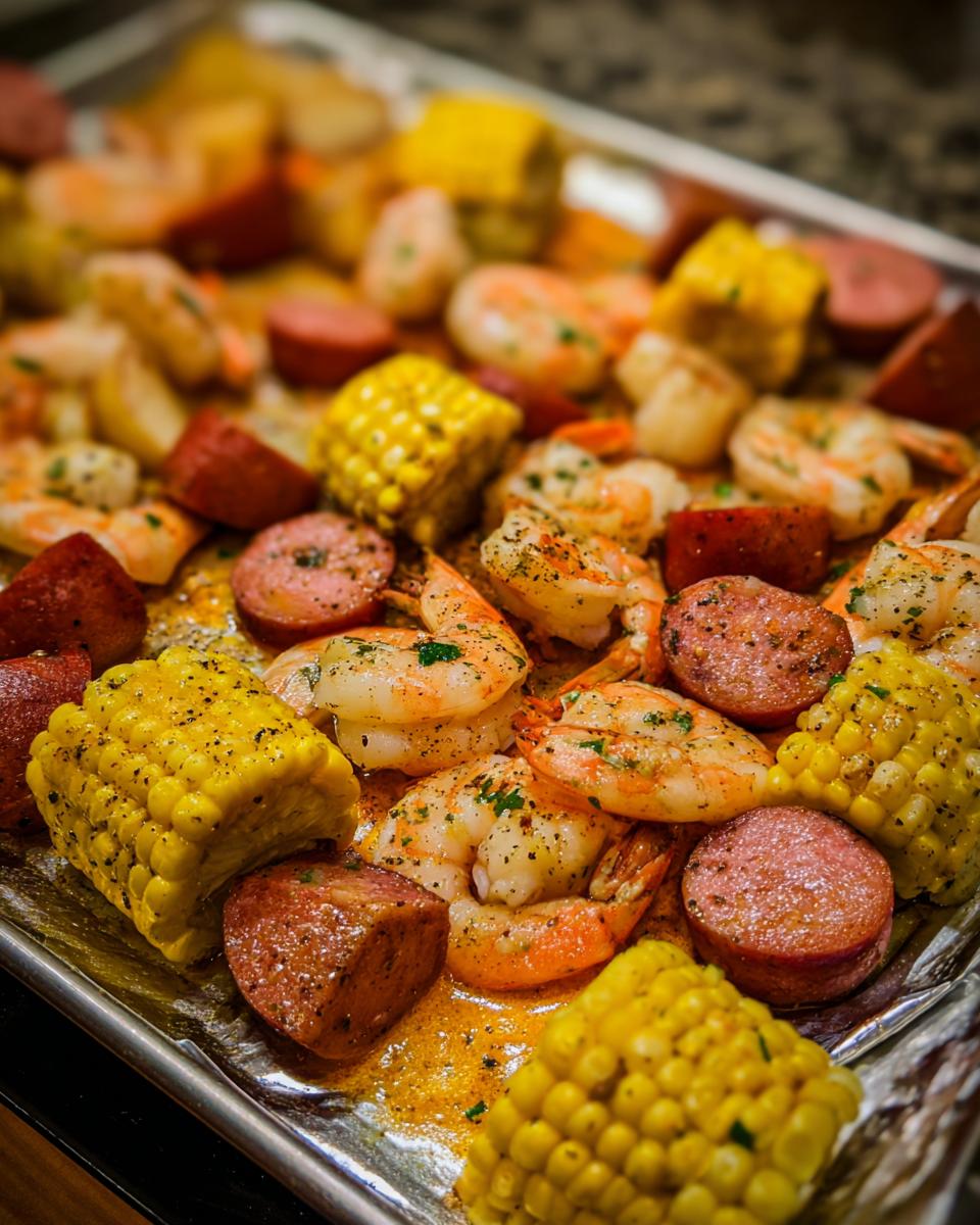Close-up of seasoned shrimp, sliced sausage, and corn cobs ready for a shrimp boil, glistening with butter and spices.