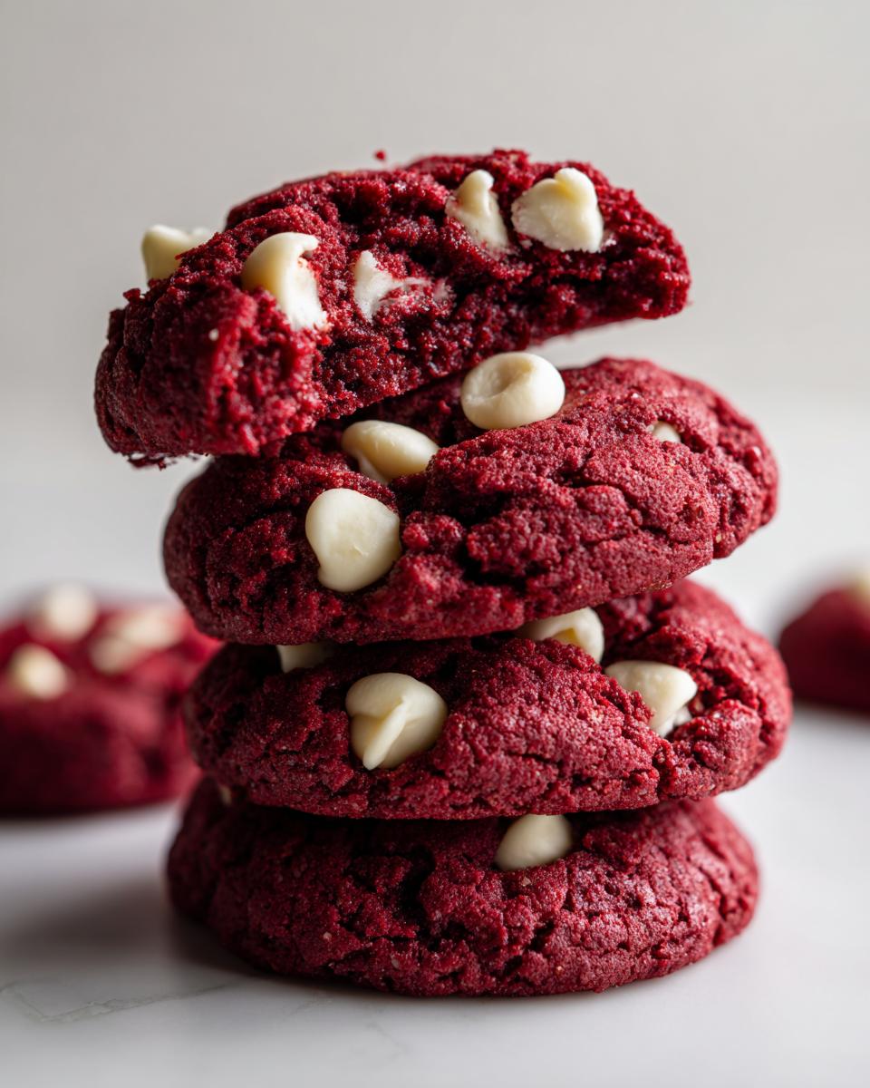 A close-up stack of four rich red velvet cake mix cookies studded with white chocolate chips.