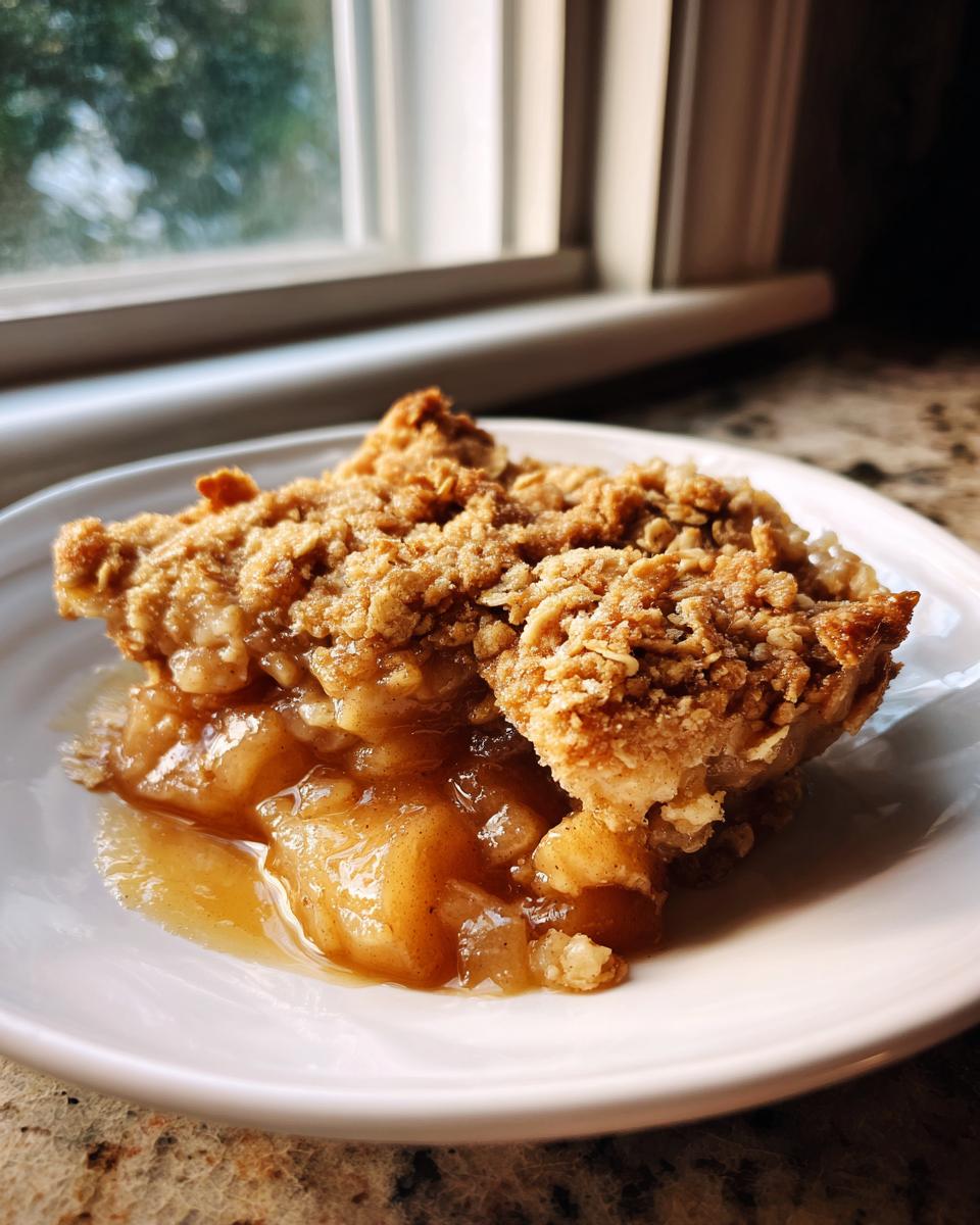 A close-up of a warm serving of apple crisp showing gooey spiced apples and a thick, crunchy oat topping.