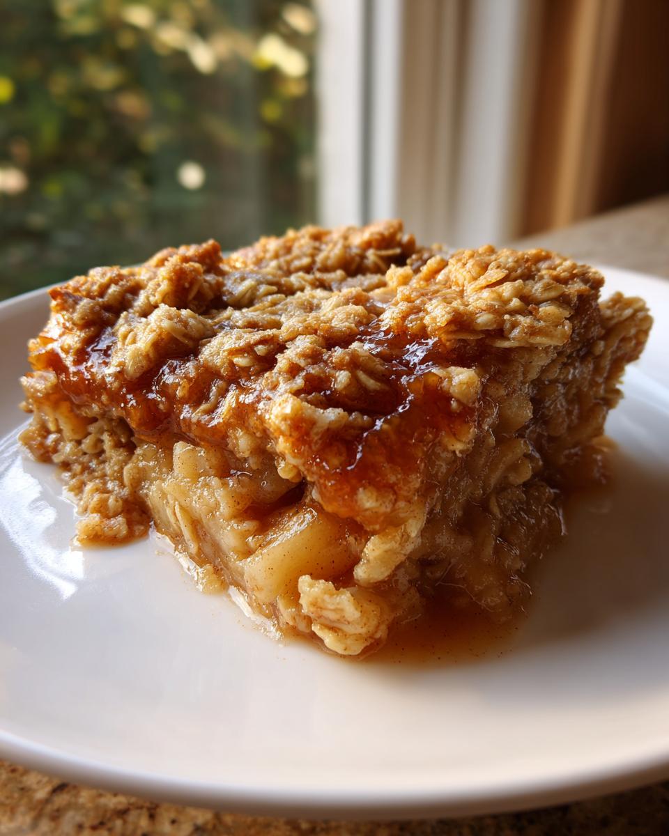 A close-up of a square serving of warm apple crisp with a gooey topping on a white plate.