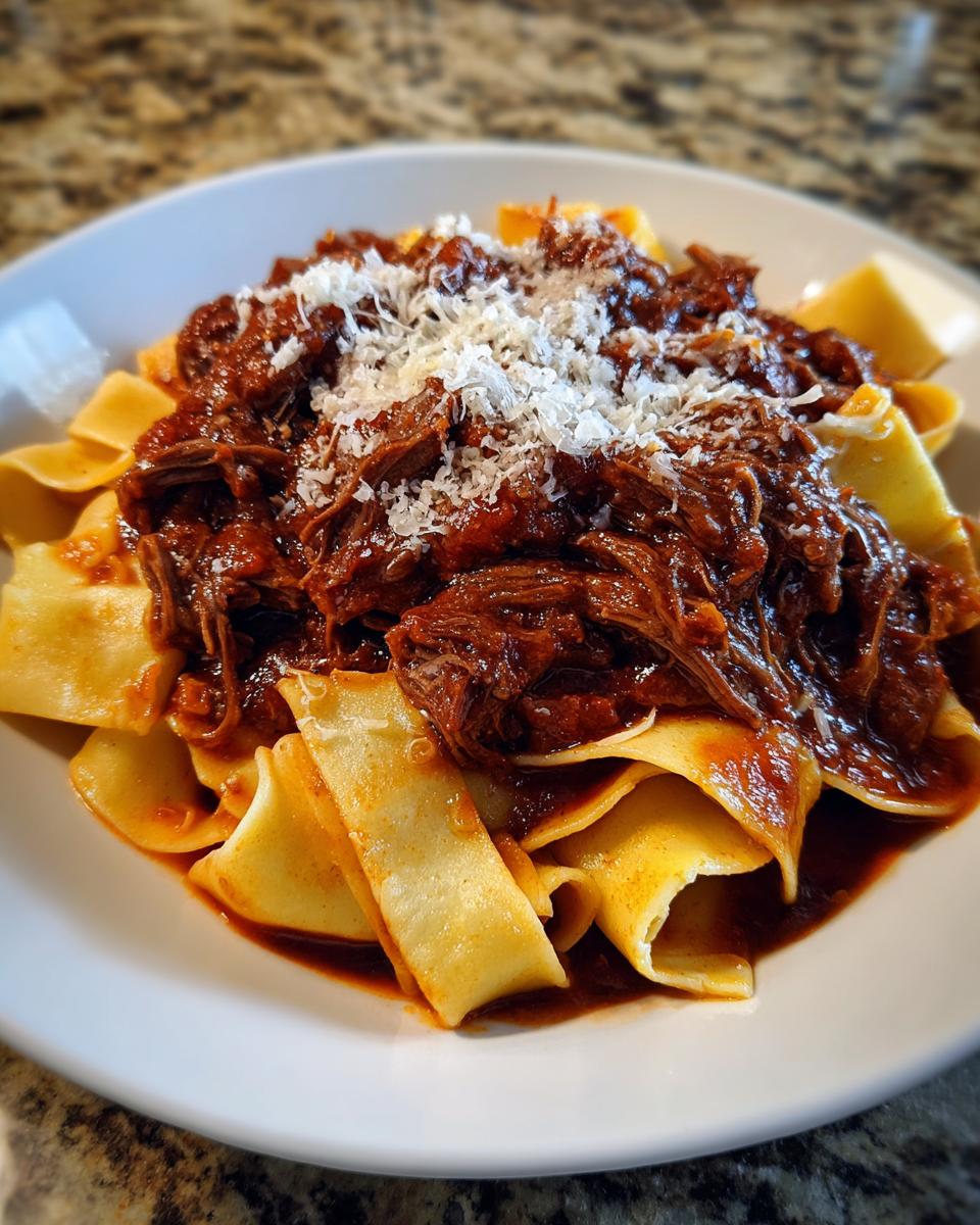 Close-up of a white bowl filled with wide egg noodles topped generously with shredded beef ragu and grated Parmesan cheese.