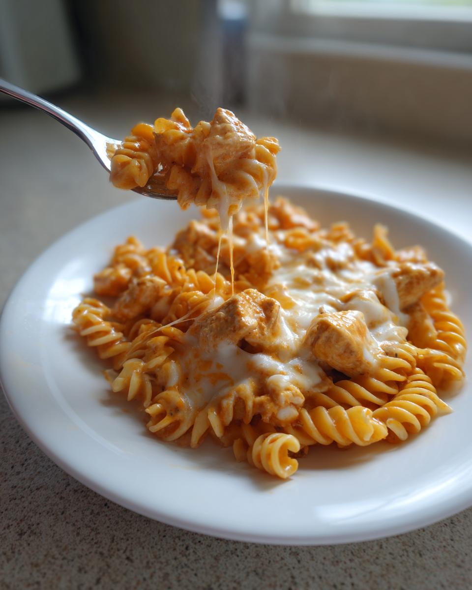 A fork lifts a bite of steaming cheesy chicken pasta, showing melted cheese stretching from the plate below.