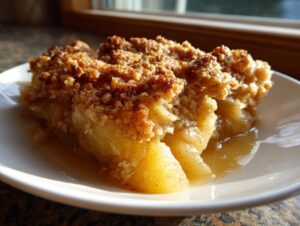 Close-up of a serving of warm apple crisp showing tender baked apples and a thick, golden brown crumb topping.