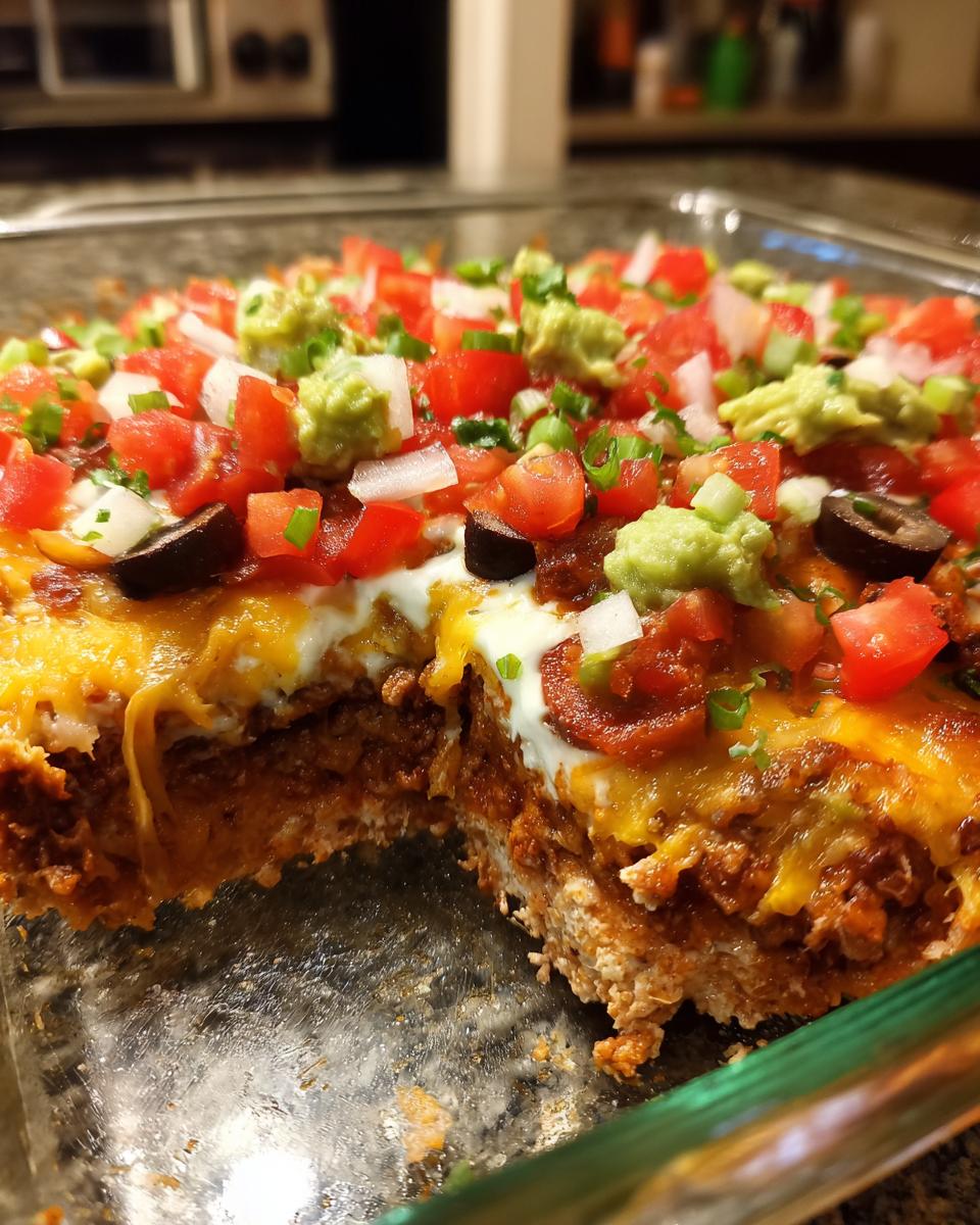 A scoop has been taken out of a baked 7 layer dip, showing the distinct layers of ingredients topped with fresh tomatoes, onions, and guacamole.