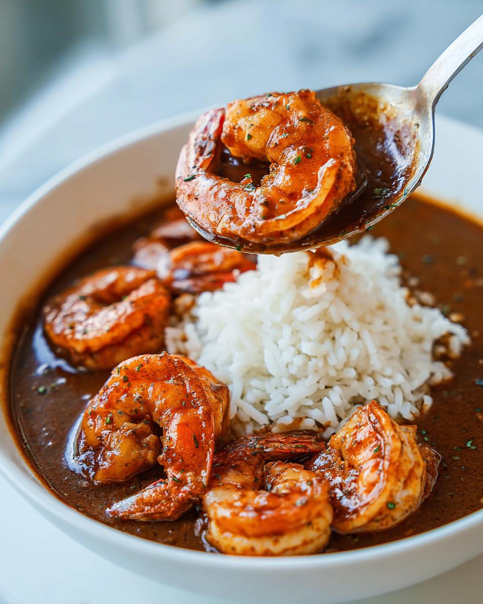 A spoonful of seasoned shrimp being lifted from a bowl of rich shrimp etouffee served over white rice.