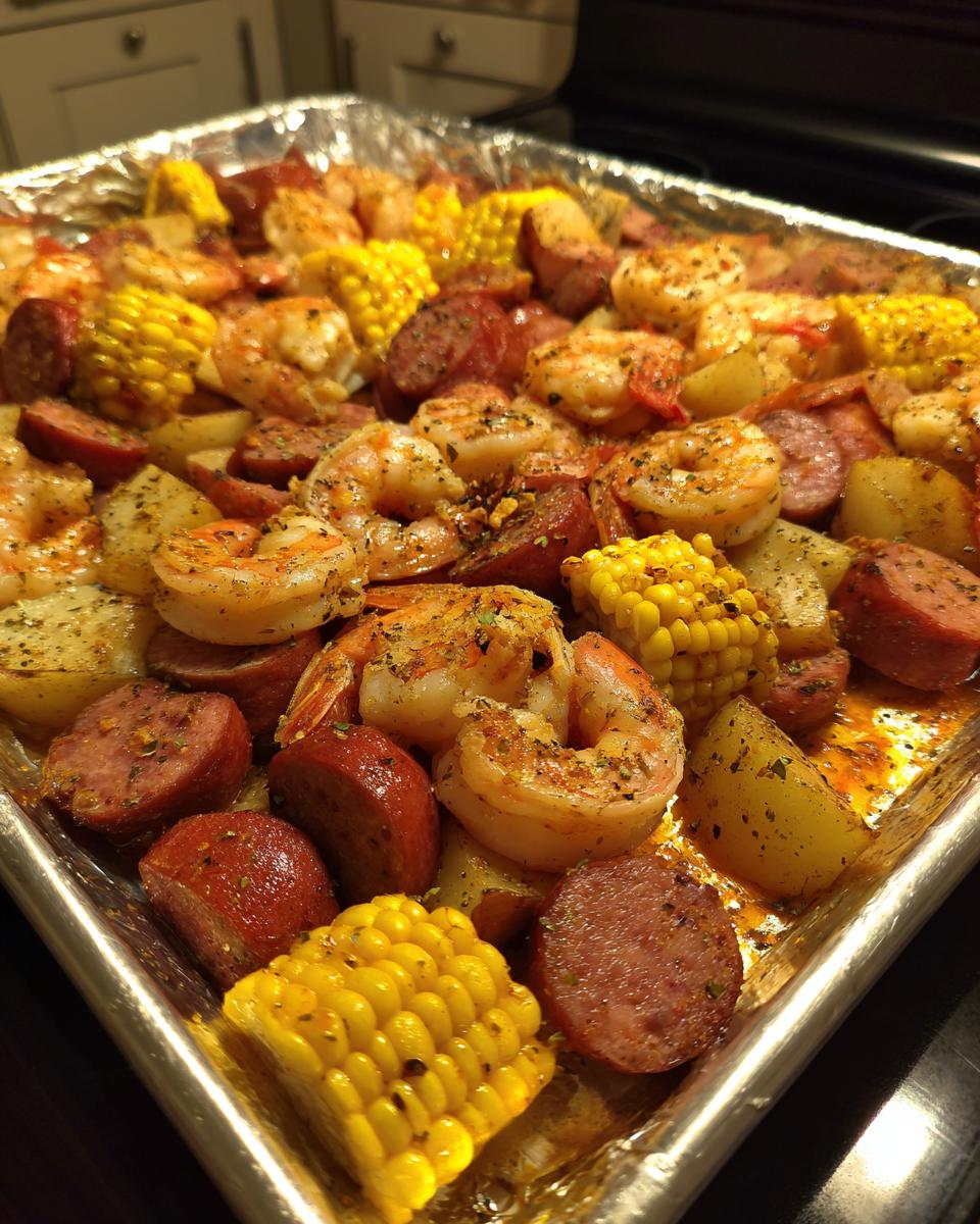 Close-up of a sheet pan filled with seasoned shrimp, sliced sausage, corn on the cob, and potatoes for a shrimp boil.