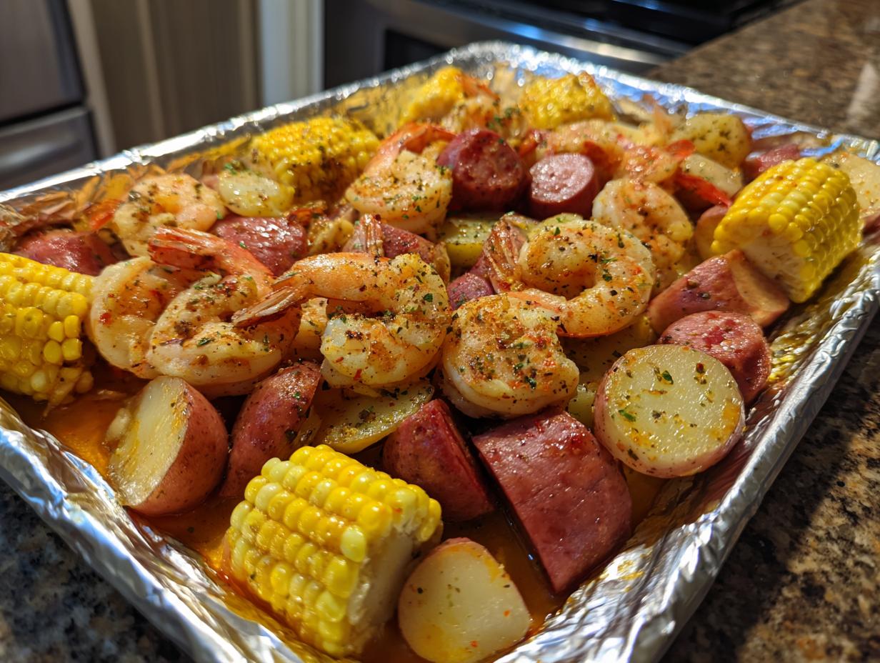 Close-up of a delicious sheet pan shrimp boil featuring seasoned shrimp, smoked sausage, corn on the cob, and red potatoes.