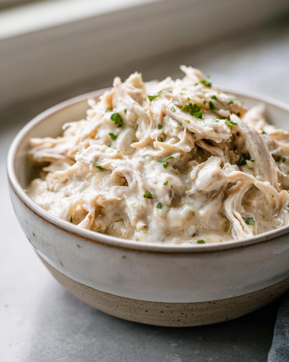 Close-up of creamy, shredded chicken mixture, likely the base for crockpot white chicken chili, garnished with parsley.