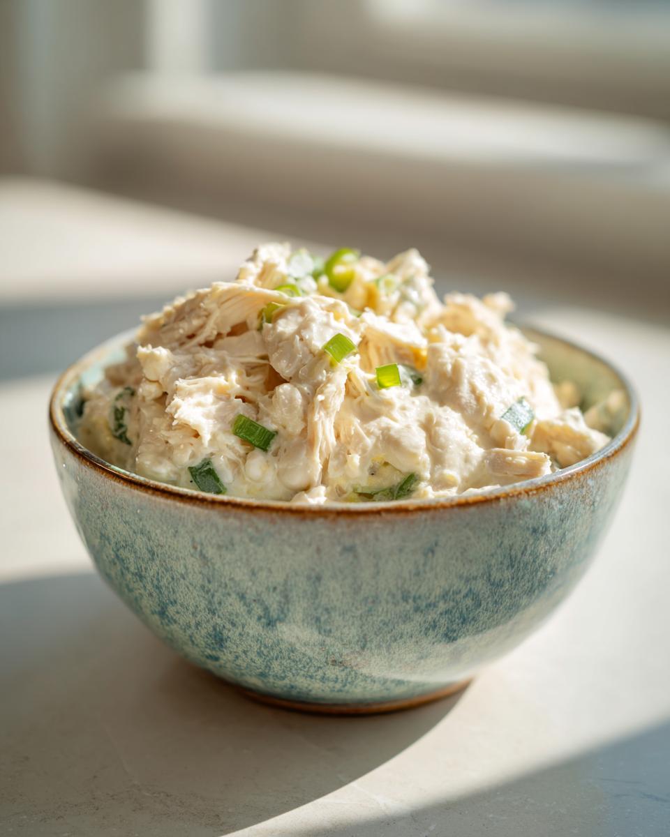 Close-up of shredded chicken mixed with a creamy sauce, likely a component of crockpot white chicken chili, topped with green onions.