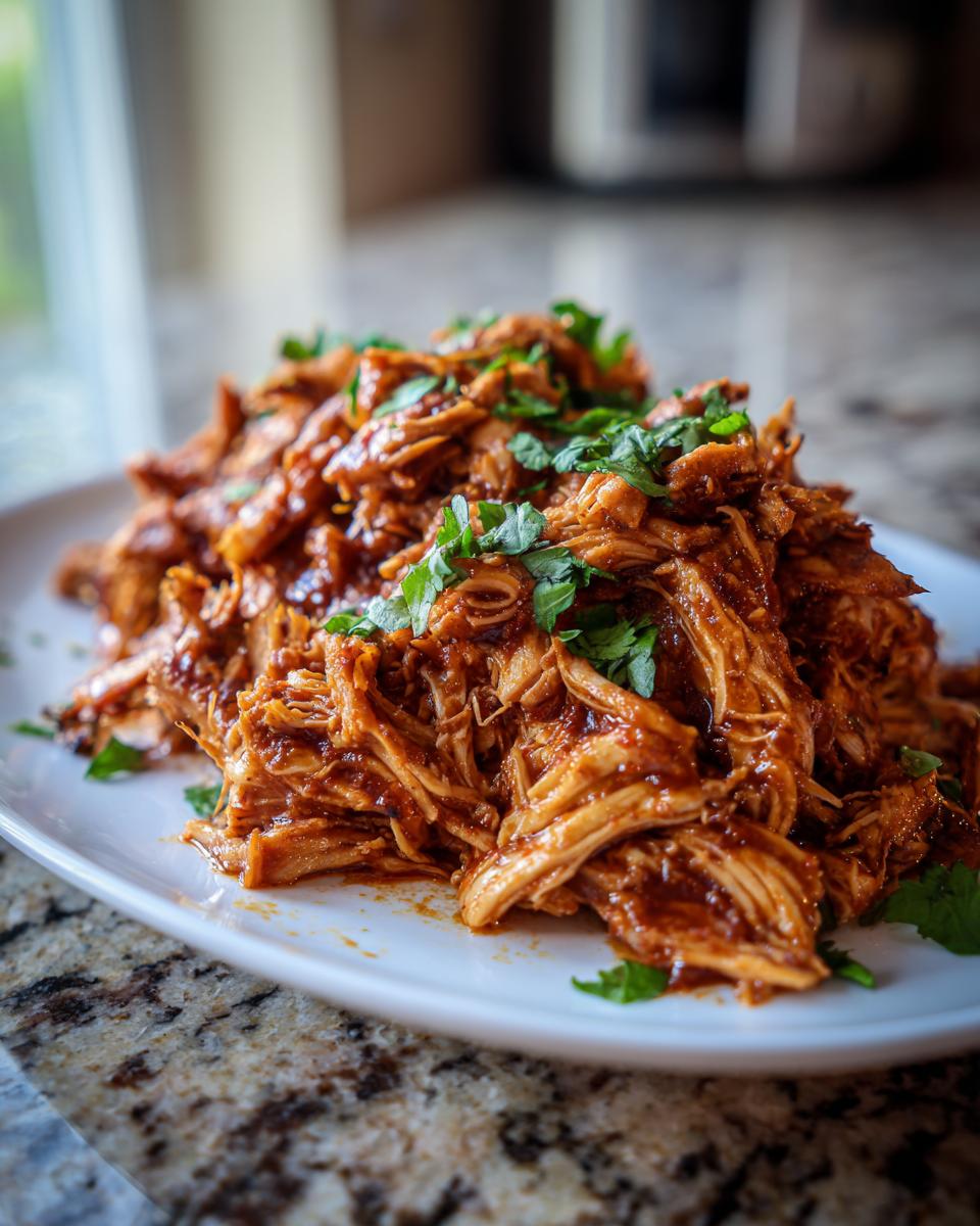 A close-up of perfectly shredded chicken tinga coated in rich, red sauce and topped with fresh cilantro.