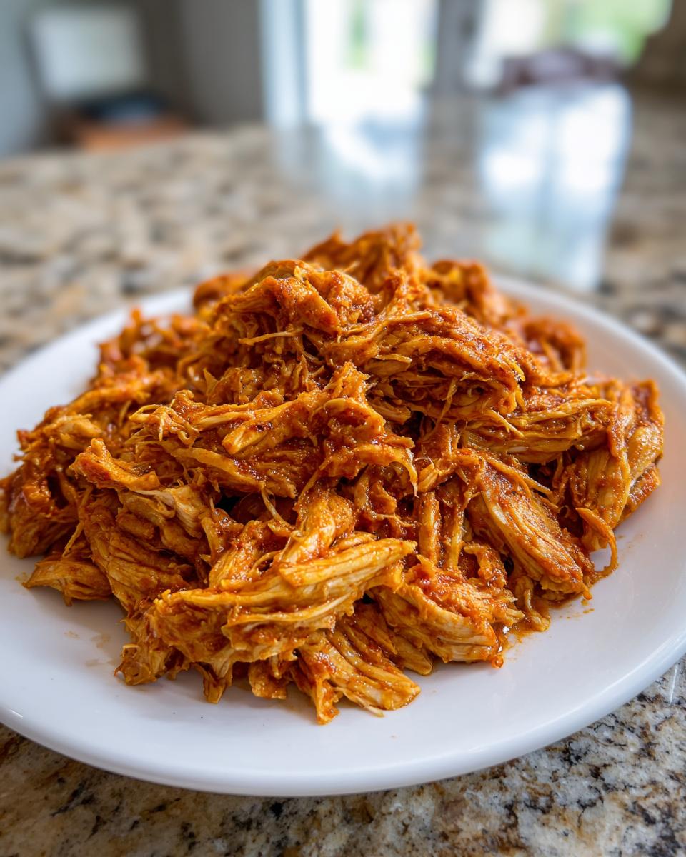 Close-up of a mound of saucy, shredded chicken tinga piled high on a white plate.