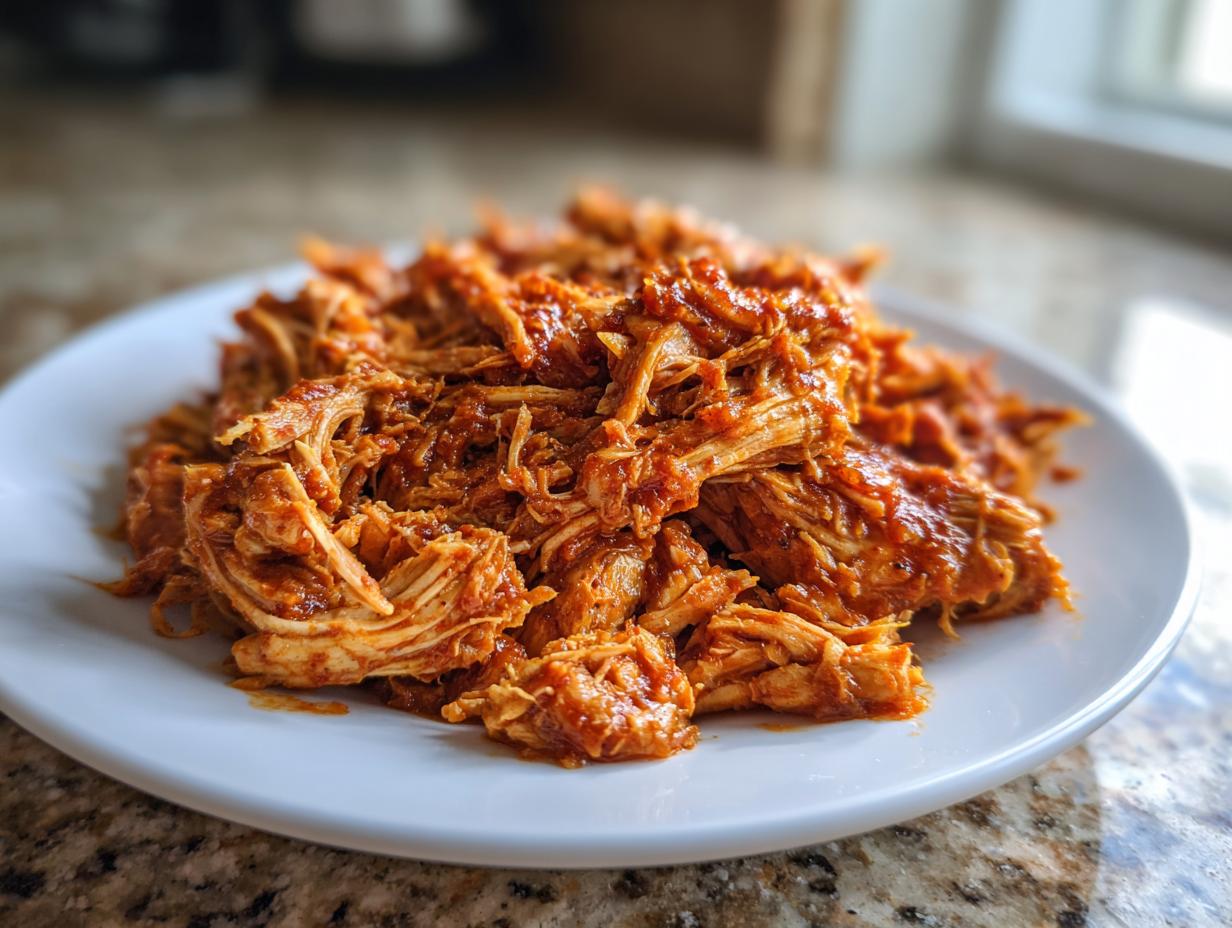 Close-up of shredded chicken tinga coated in rich, red sauce piled high on a white plate.